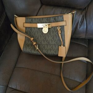 Michael Kors Tan & Brown Logo Crossbody with Gold Hardware